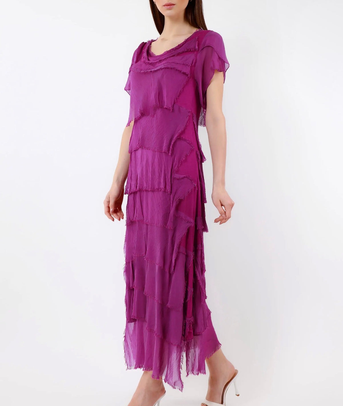 Italian Silk Miriam Short Sleeve Ruffle Dress (orchid)