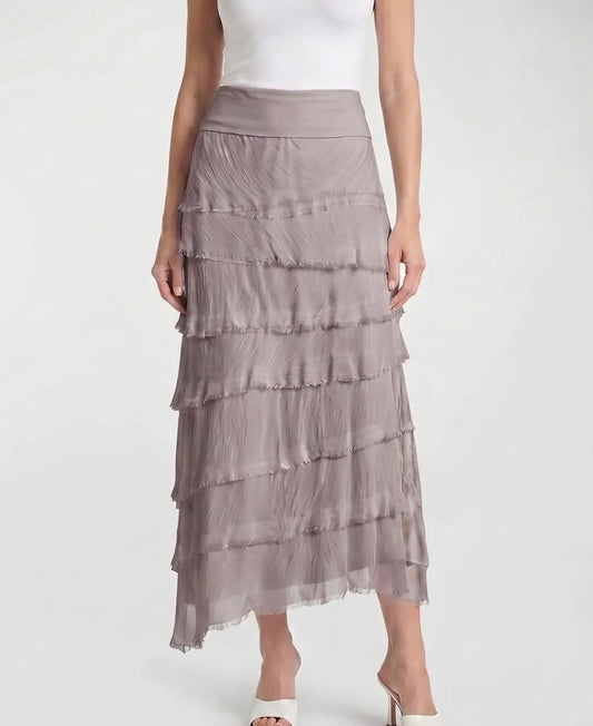 Taupe silk ruffle tier skirt with sheer layered frill bands and elastic waist