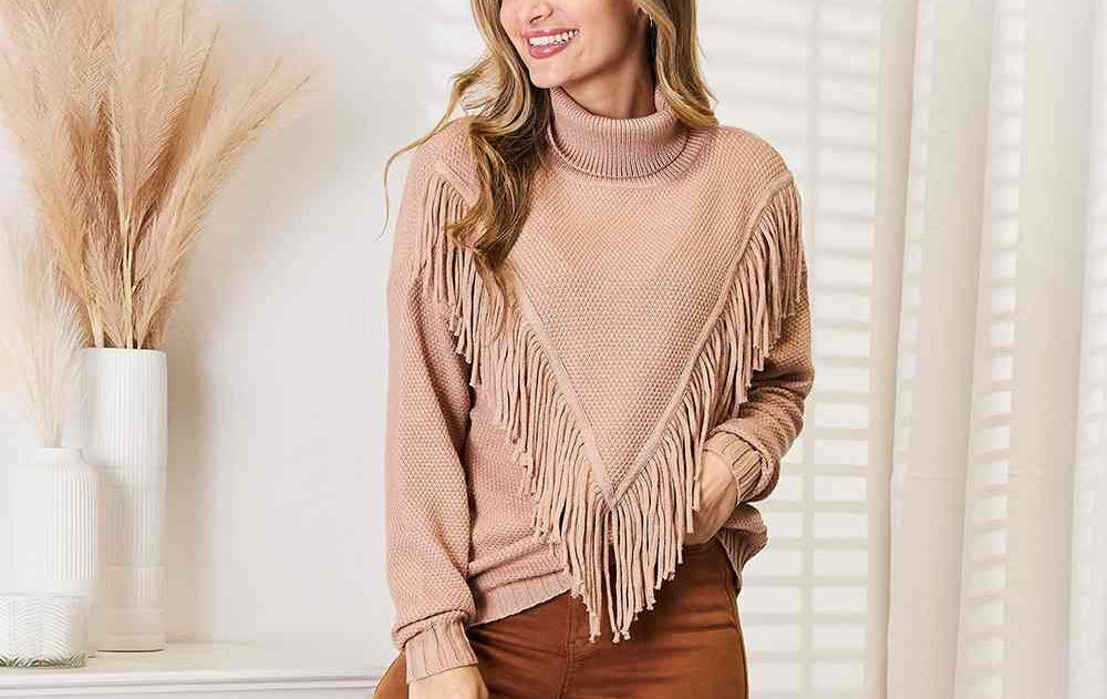 Woven Right Turtleneck Fringe Front Long Sleeve Sweater