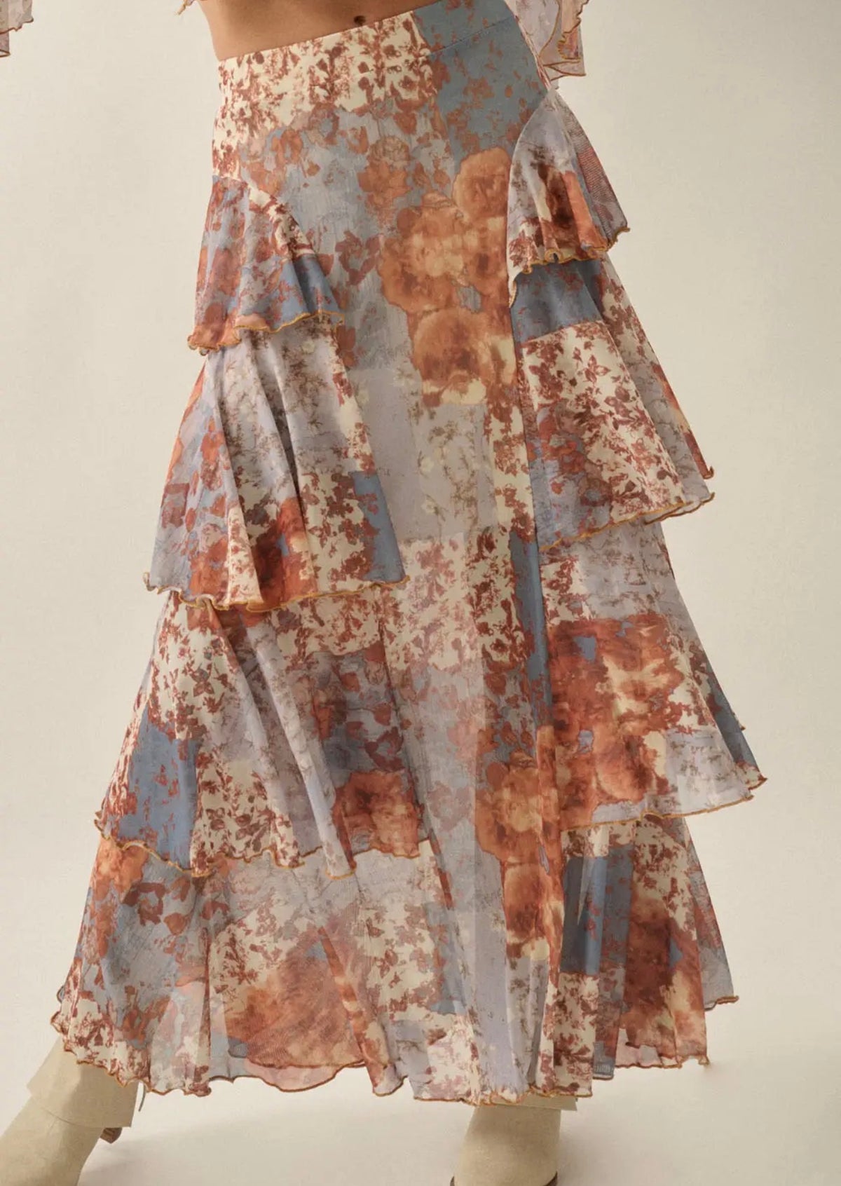 Boho Luxe Floral Mesh Bell-Sleeve Top & Skirt Set