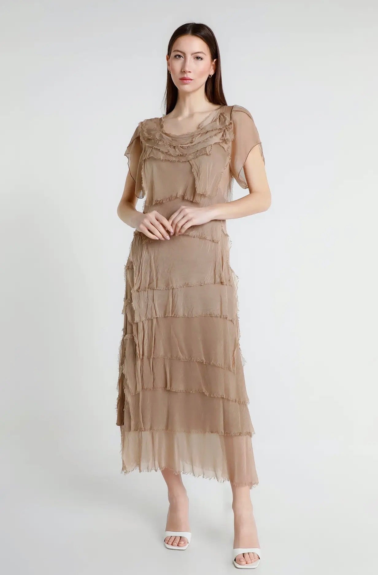 Italian Silk Miriam Short Sleeve Ruffle Dress