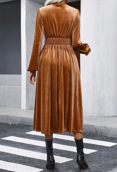 Surplice Balloon Sleeve Smocked Midi Dress