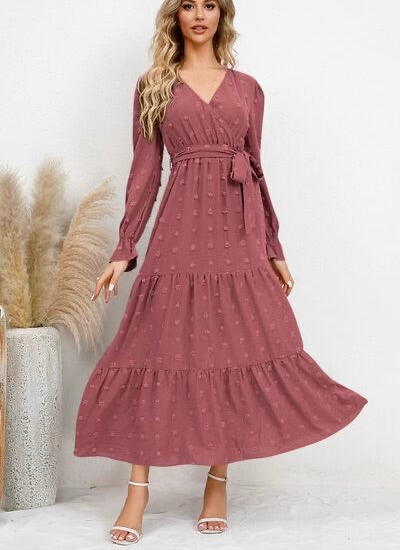 Swiss Dot Tied Surplice Flounce Sleeve Dress