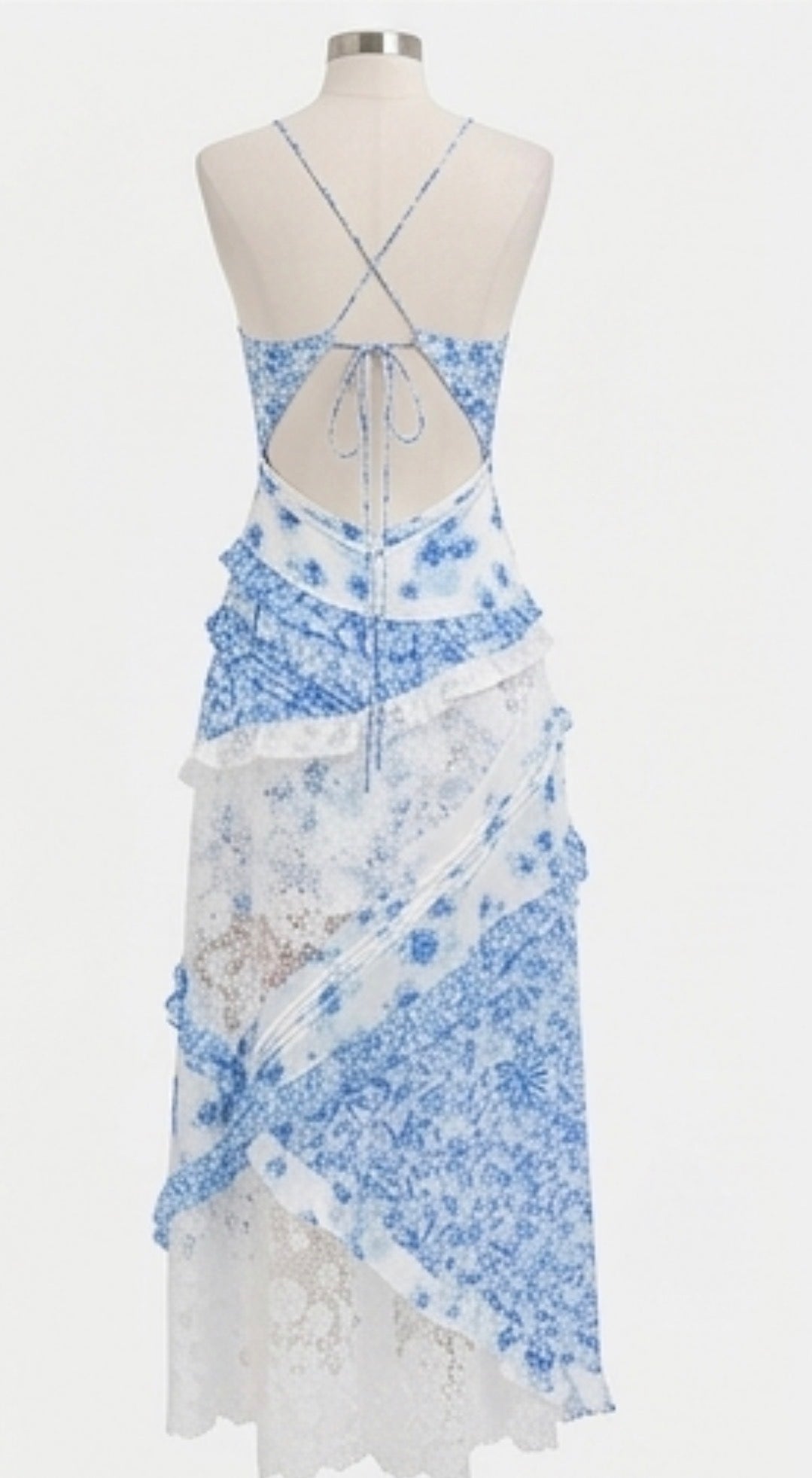 Lace Floral Print Ruffle Trim Maxi Dress