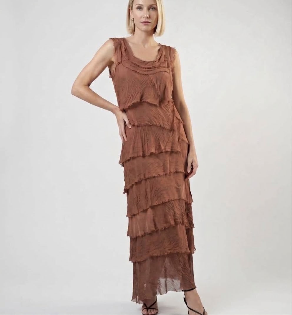 Rust sleeveless tiered ruffle silk midi dress with flouncy layered tiers