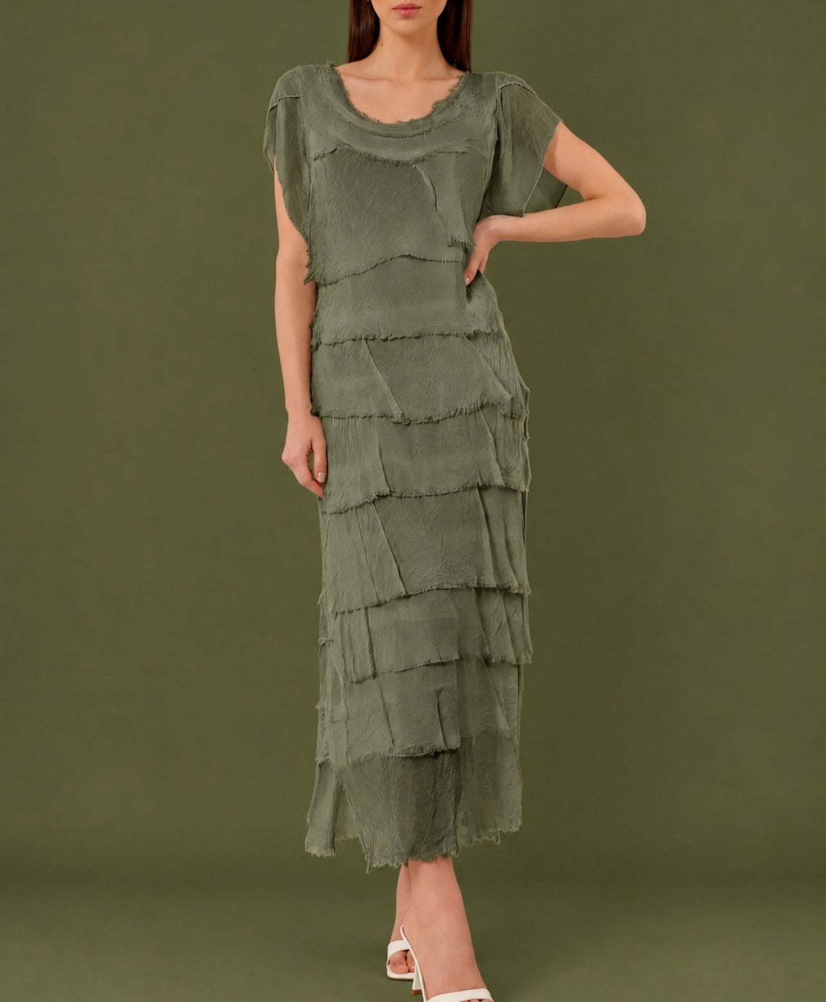 Italian Silk Miriam Short Sleeve Ruffle Dress (army)