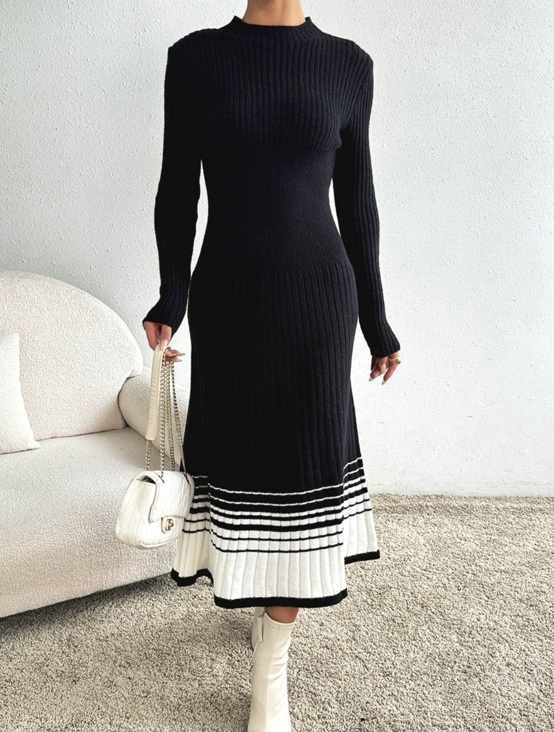 Contrast Mock Neck Long Sleeve Sweater Dress