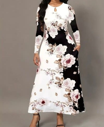 Pocketed Printed Long Sleeve Dress