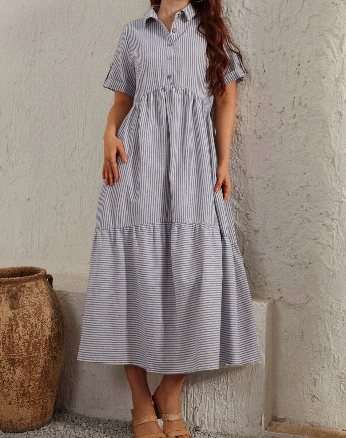 Striped Collared Neck Short Sleeve Dress