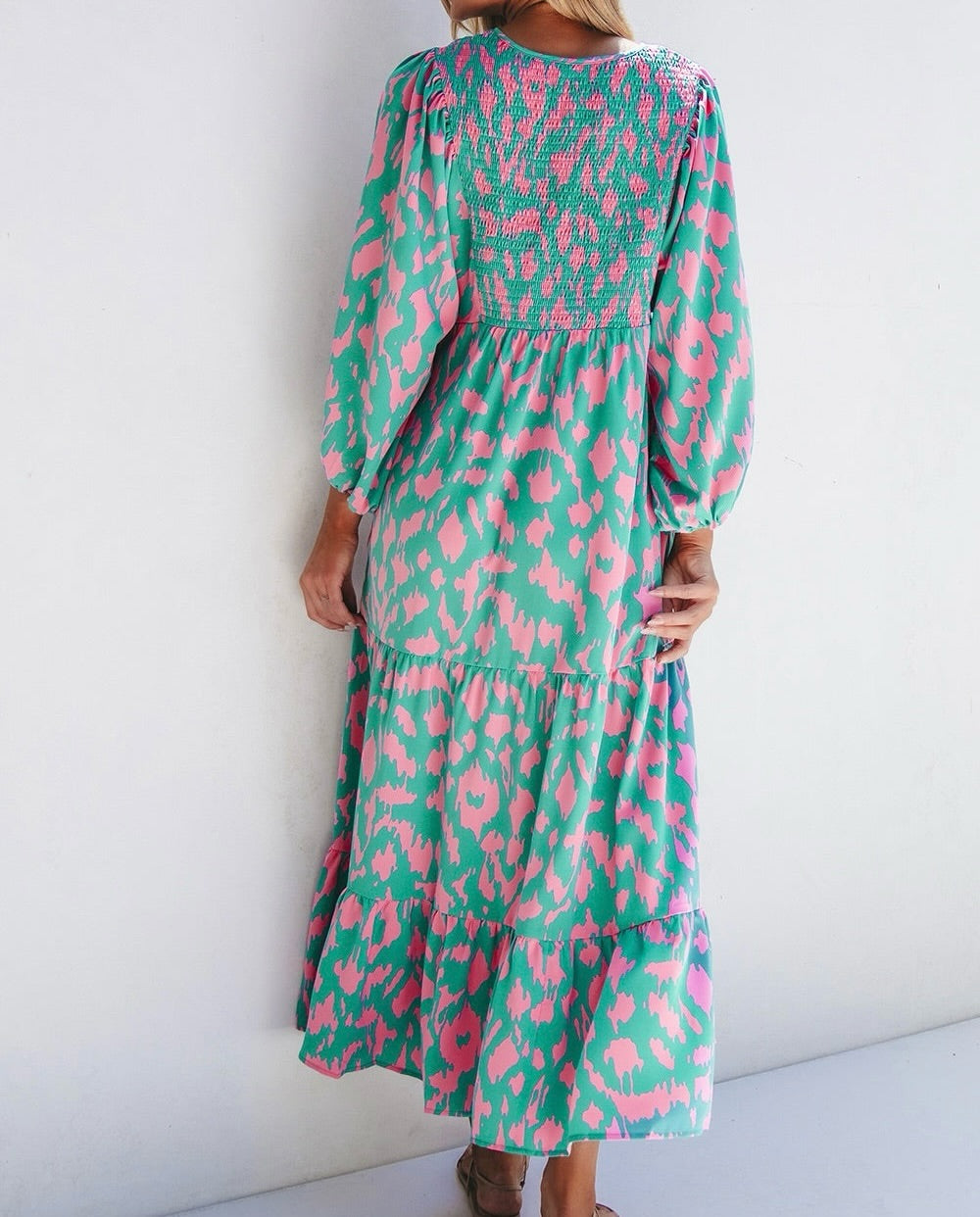 Smocked Printed Tie Neck Long Sleeve Dress