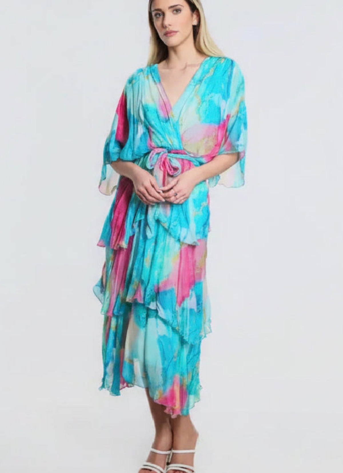Ruffled silk midi dress with V-neck and tie belt, tiered layers, blue and pink watercolor print