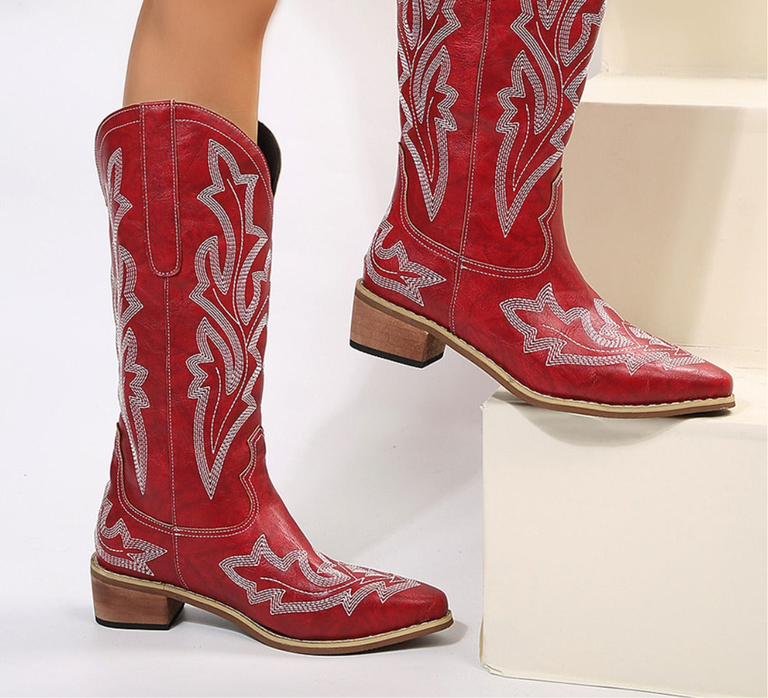 PU Leather Embroidered Geometric Point Toe Boots