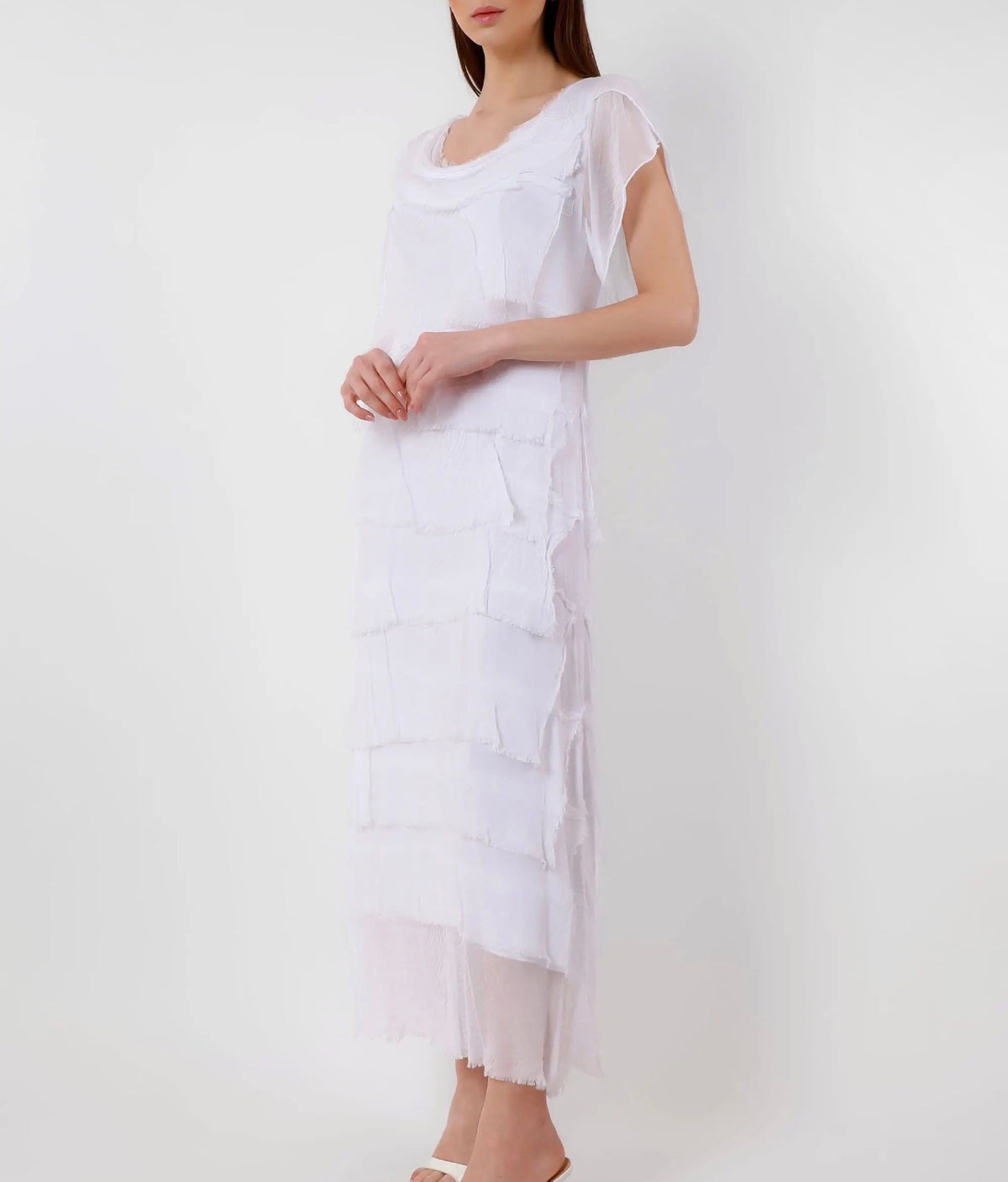 Italian Silk Miriam Short Sleeve Ruffle Dress (White)