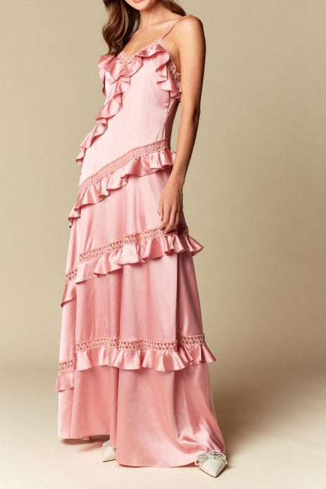 RUFFLE LACE TRIM SATIN MAXI DRESS