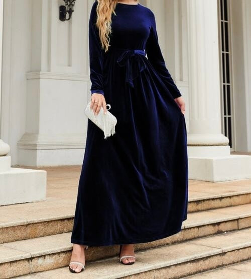 Tie Front Round Neck Long Sleeve Maxi Dress