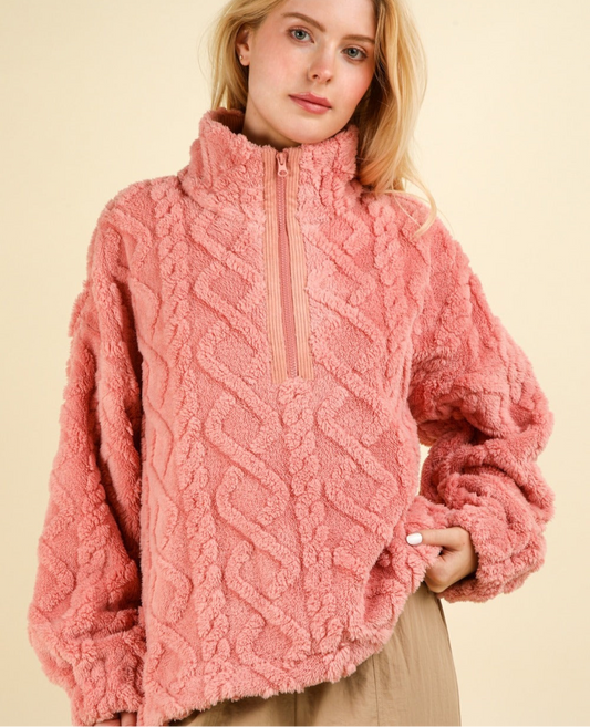 VERY J Fuzzy Fleece Half Zip Cable Pattern Sweatshirt