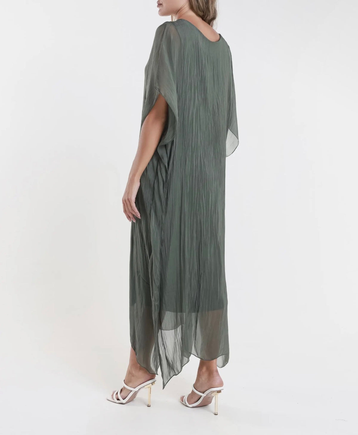 Army green silk kaftan dress, loose back drape, V-neck and short dolman sleeves