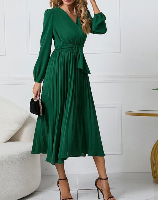 V-Neck Long Sleeve Tie Waist Midi Dress