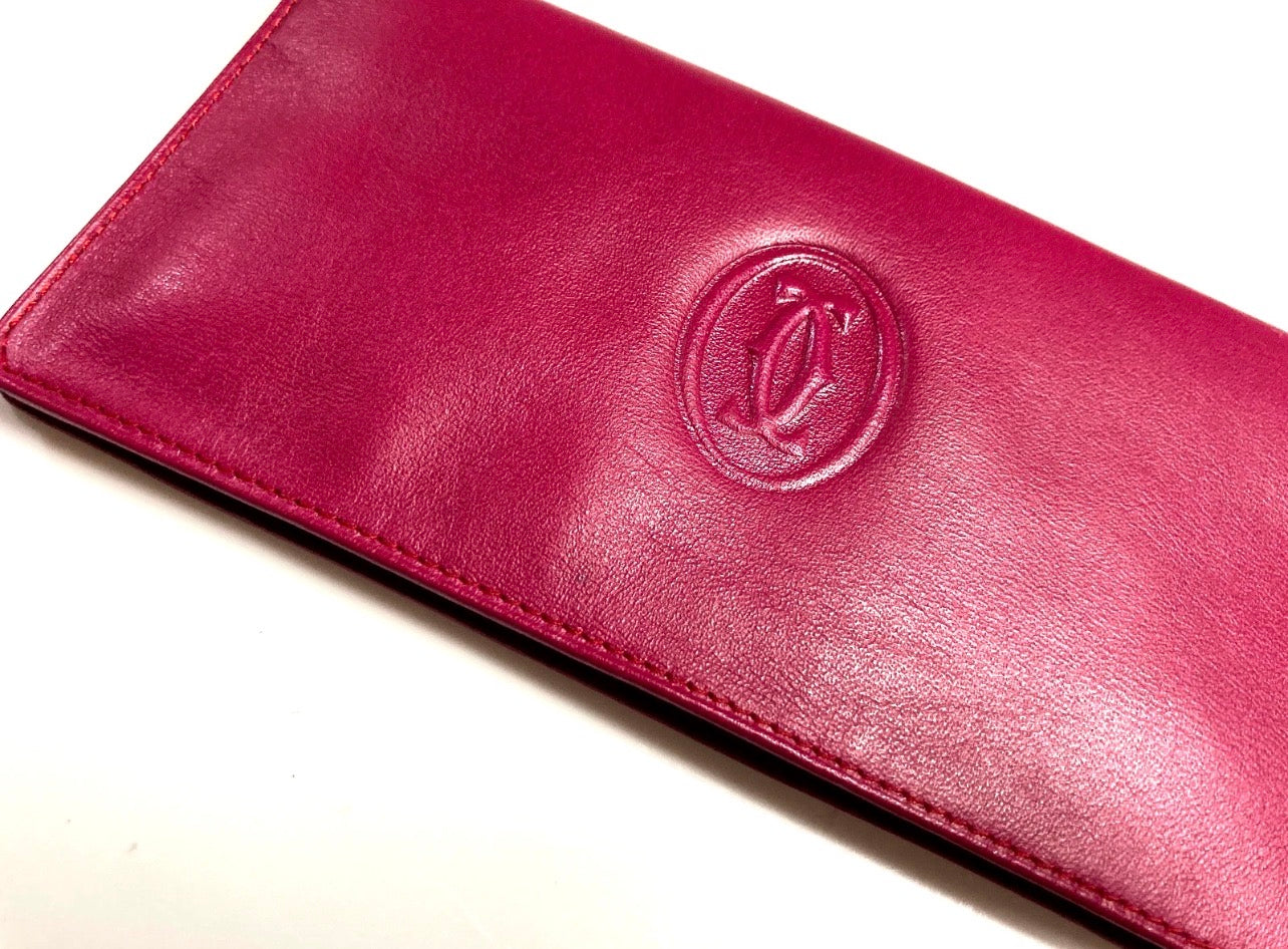CARTIER VINTAGE MUST CC EMBOSSED LEATHER LONG WALLET BIFOLD FRANCE FUCHSIA PINK