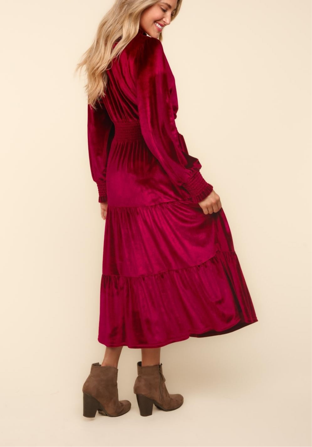 Haptics Mock Neck Smocked Waist Velvet Tiered Dress