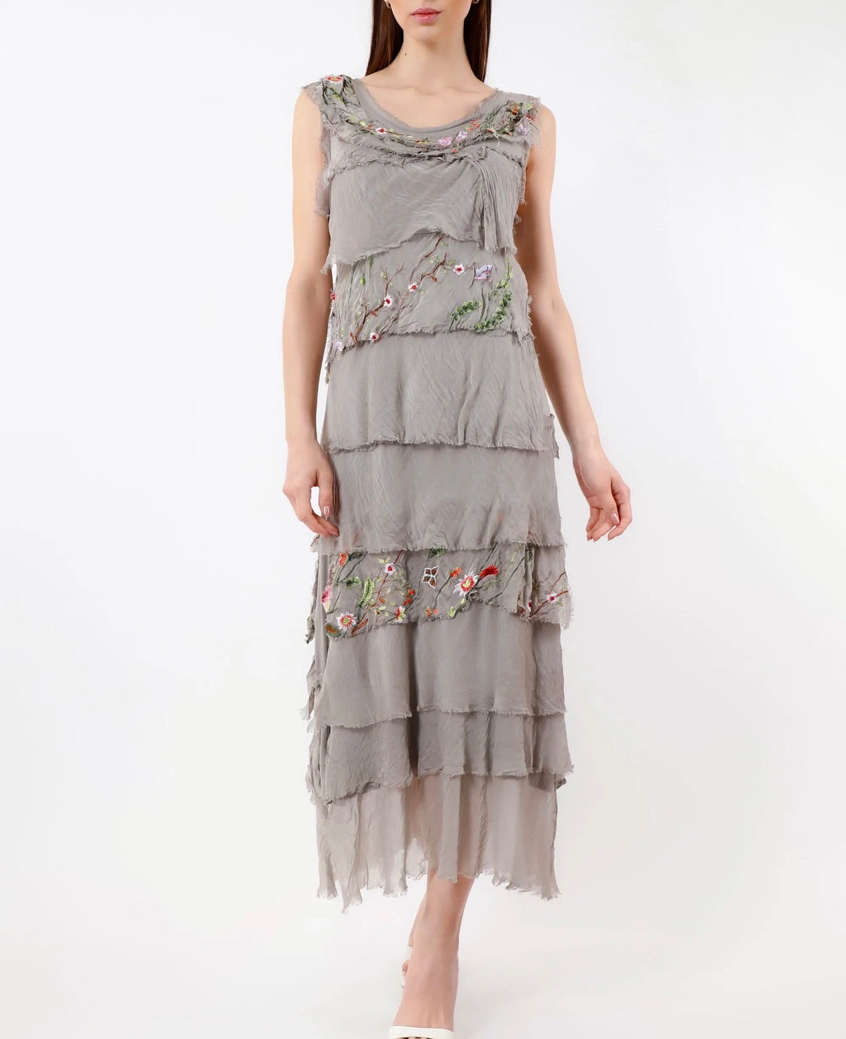 Embroidered Italian Silk Maxi Ruffle Dress (Taupe)