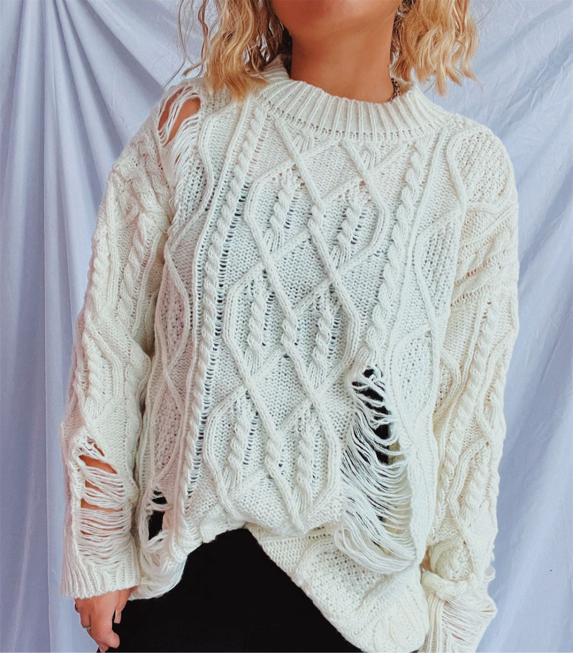 Distressed Cable-Knit Round Neck Long Sleeve Sweater