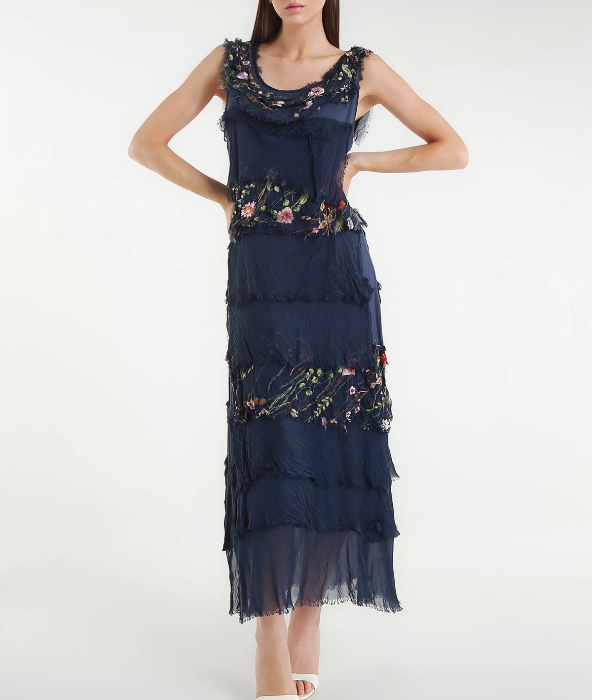 Embroidered Italian Silk Maxi Ruffle Dress (Navy)