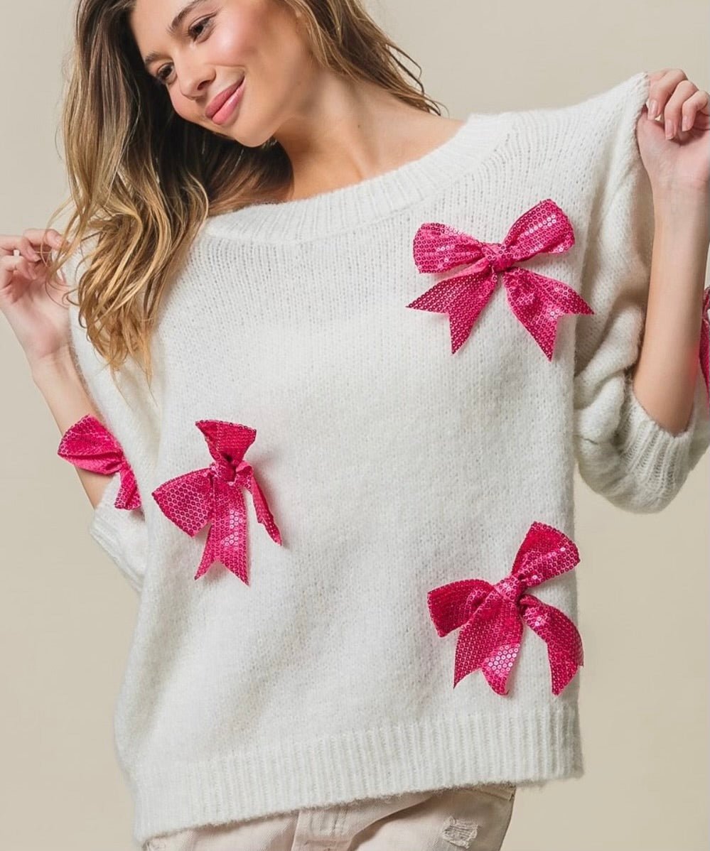 BiBi Sequin Bow Puff Sleeve Sweater