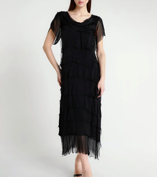 Black silk ruffle midi dress with layered tiers and a ruffled neckline
