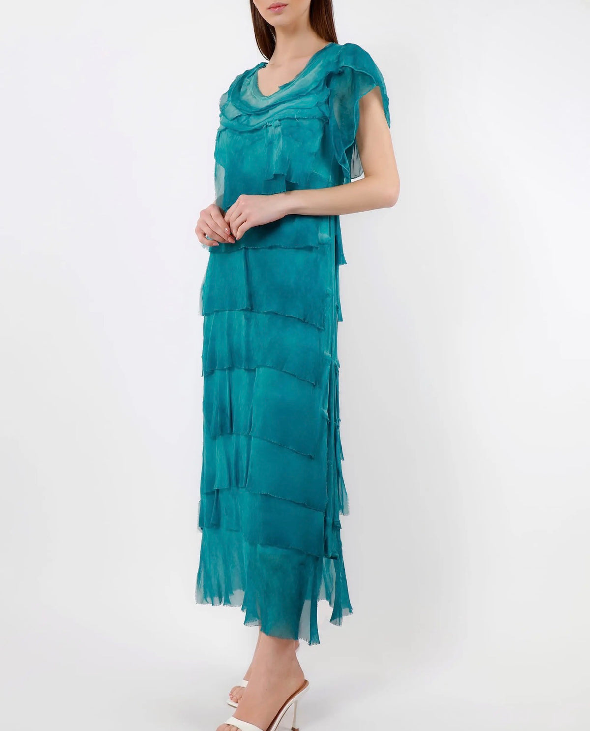Teal silk tiered ruffle dress with draped cowl neckline and short sleeves