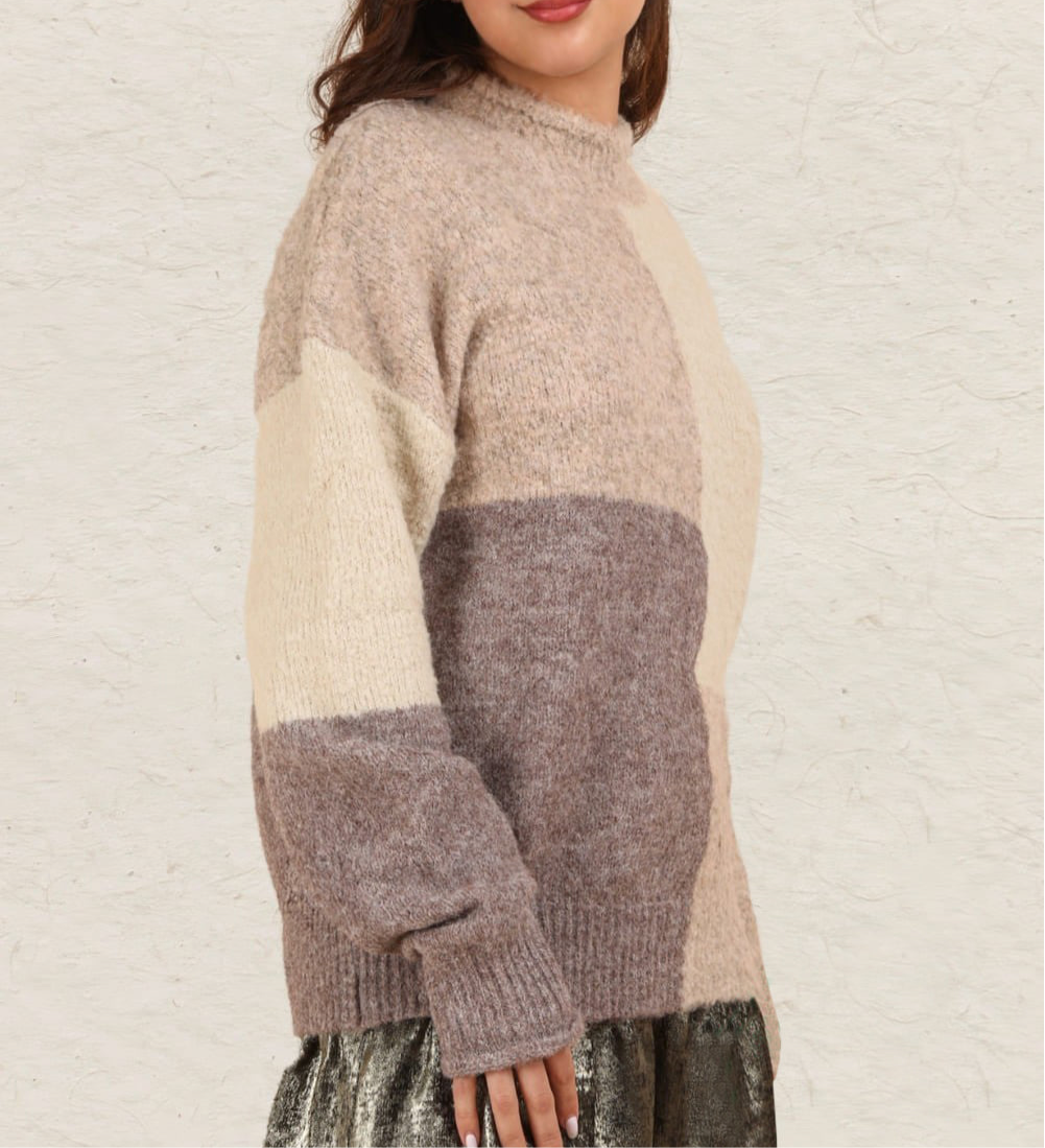 VERY J Color Block Mock Neck Drop Shoulder Sweater