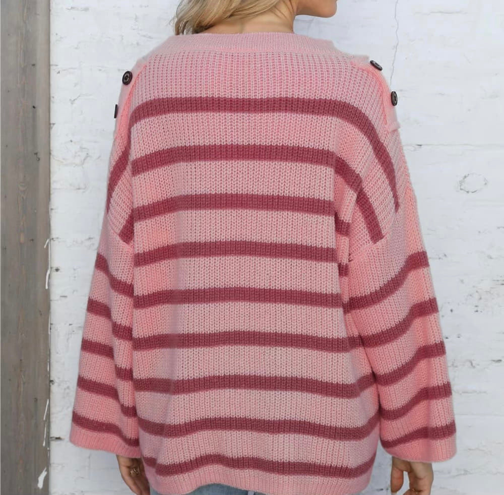 Round Neck Dropped Shoulder Striped Sweater