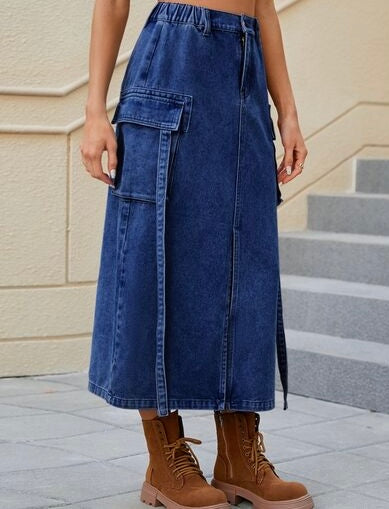 Slit Pocketed High Waist Denim Skirt