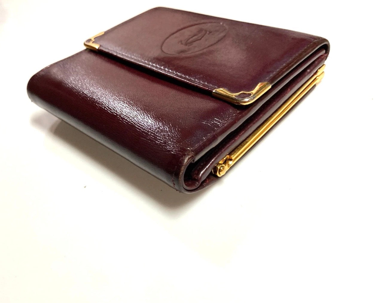 Cartier Vintage Must CC Emblem Leather Wallet Trifold Clasp France Burgundy Red