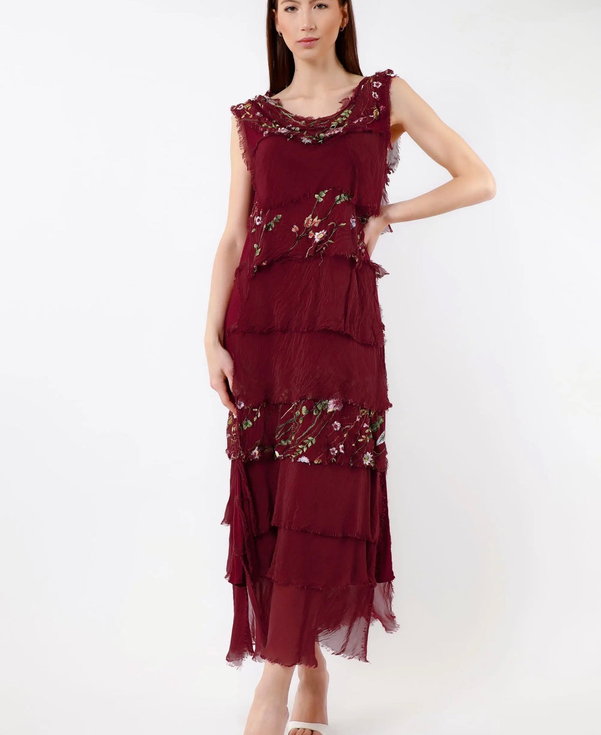 Embroidered Italian Silk Maxi Ruffle Dress