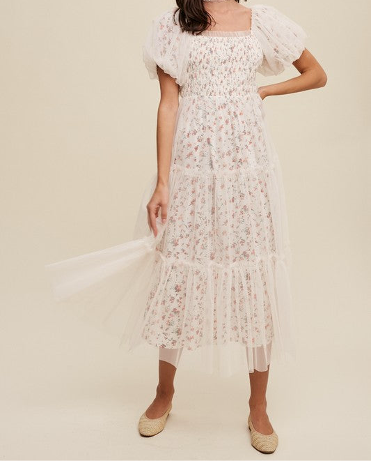 Floral Print and Mesh Puff Sleeve Maxi Dress