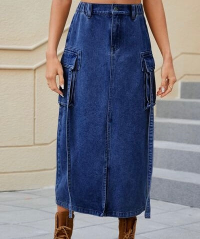 Slit Pocketed High Waist Denim Skirt