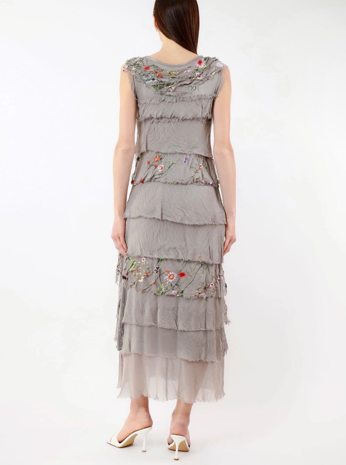 Embroidered Italian Silk Maxi Ruffle Dress (Taupe)