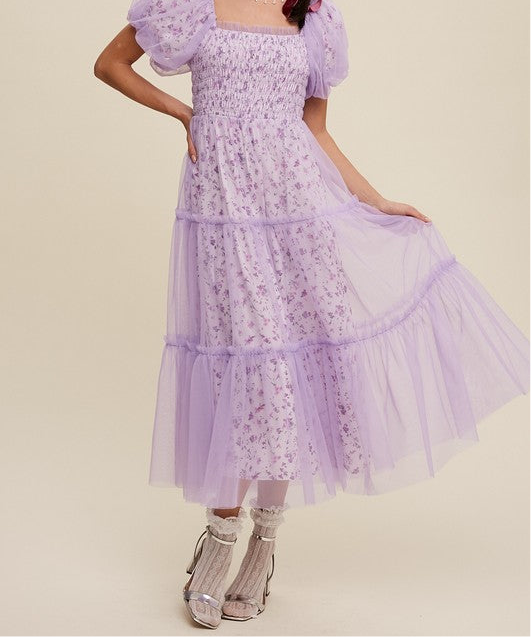 Floral Print and Mesh Puff Sleeve Maxi Dress