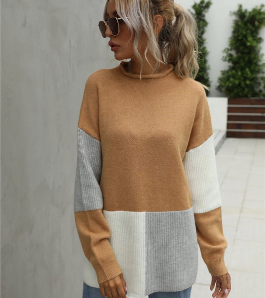 Color Block Round Neck Dropped Shoulder Sweater