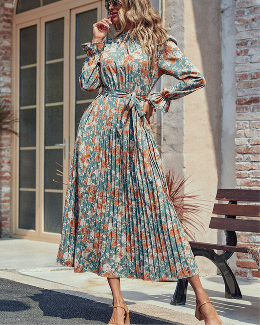 Perfee Tied Pleated Printed Mock Neck Long Sleeve Dress