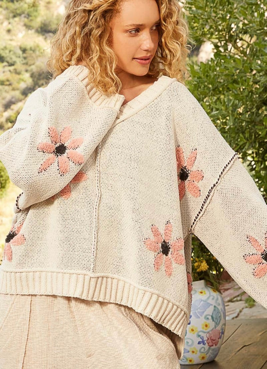 POL V-Neck Floral Pattern Chenille Sweater