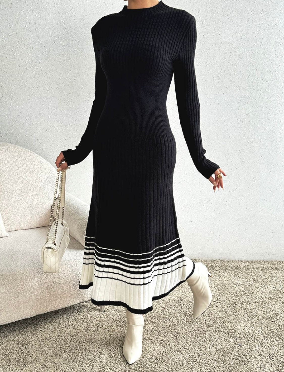 Contrast Mock Neck Long Sleeve Sweater Dress