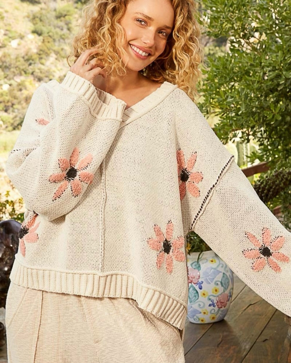 POL V-Neck Floral Pattern Chenille Sweater