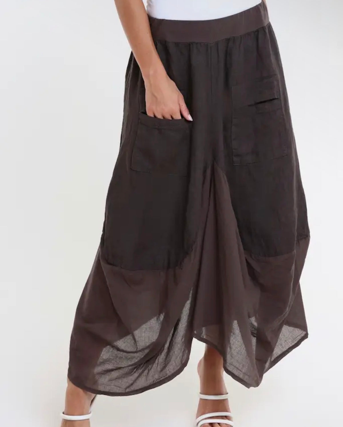 Espresso linen-cotton bunched pocket skirt with front patch pockets and asymmetrical hem