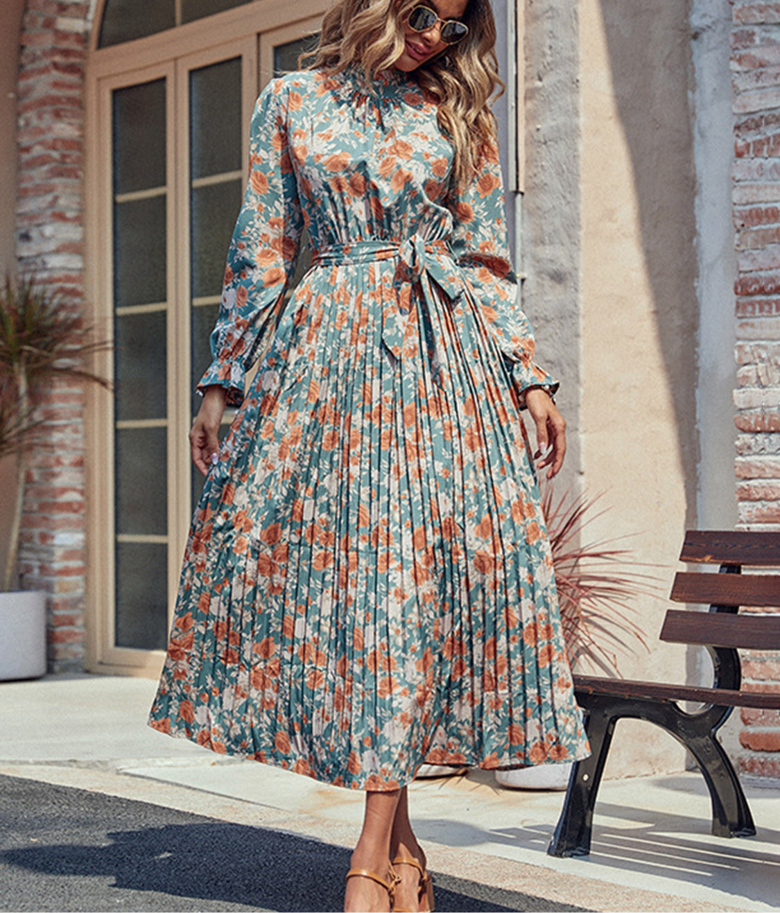 Perfee Tied Pleated Printed Mock Neck Long Sleeve Dress