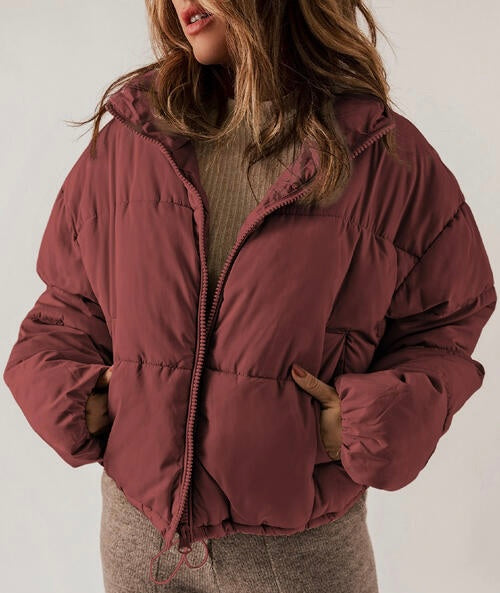 Zip Up Collared Neck Long Sleeve Winter Coat