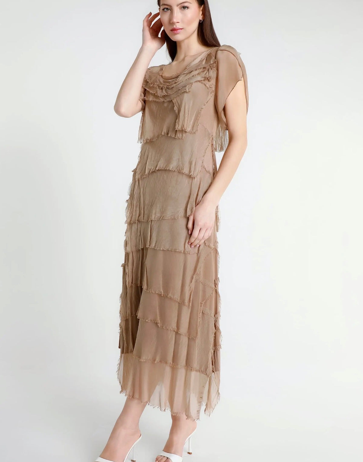 Beige silk ruffle tiered short-sleeve dress with layered fringe, front view