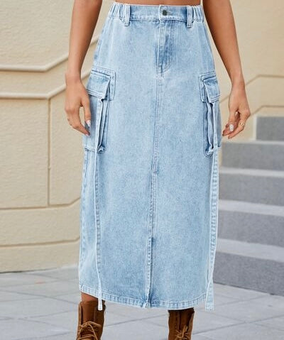 Slit Pocketed High Waist Denim Skirt