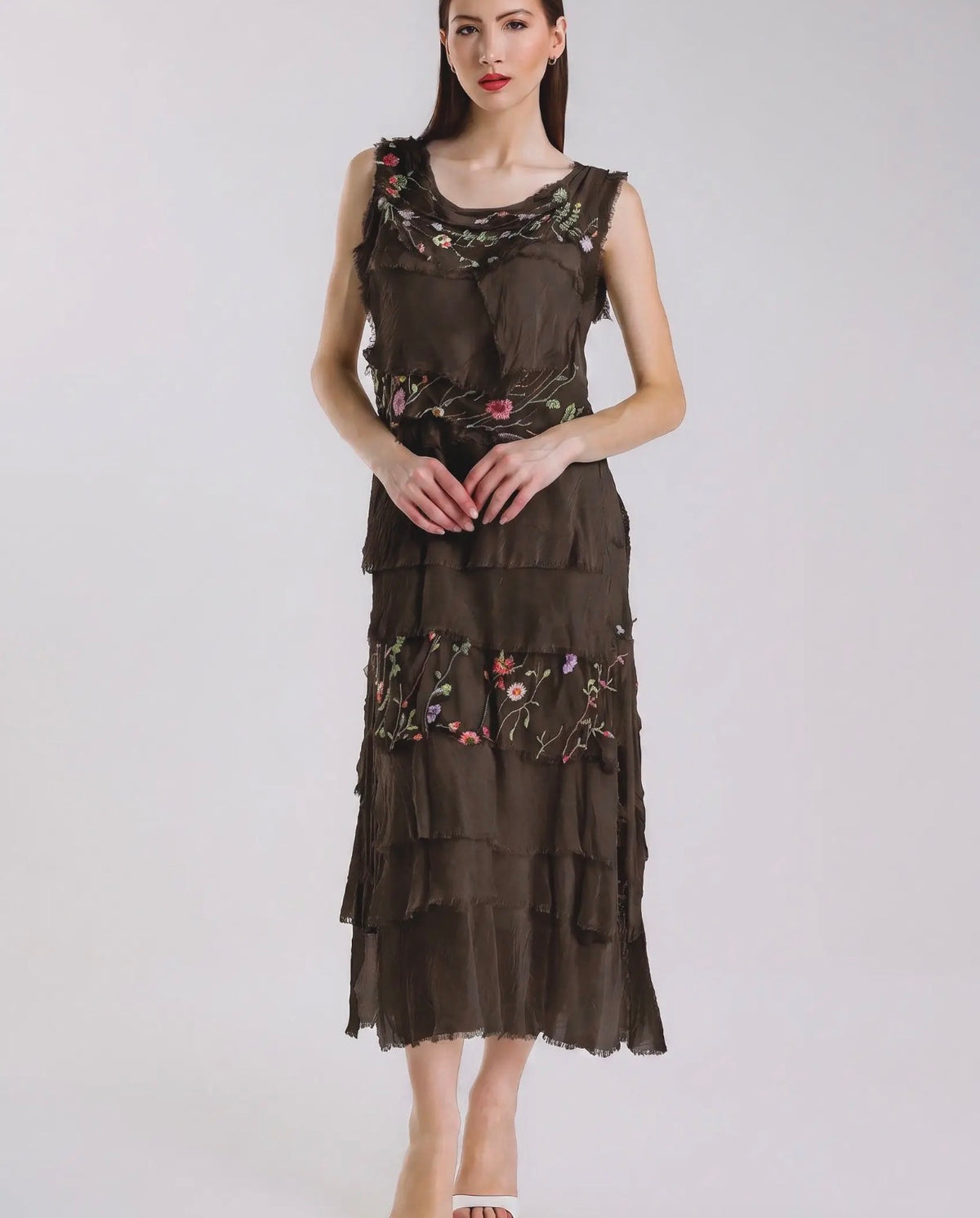 Embroidered Italian Silk Maxi Ruffle Dress